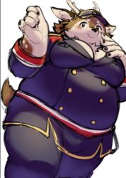  akubimtcat anthro antlers blush clothing deer hat headgear headwear horn kazusa male mammal military_uniform moobs overweight overweight_male simple_background smile solo tamacolle tight_clothing uniform white_background 