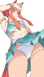  absurdres animal_ears arm_up armlet armpits bare_shoulders bikini blue_eyes blunt_bangs blush bracelet breasts commentary_request cowboy_shot female from_below highres horse_ears horse_girl horse_tail jewelry long_hair looking_to_the_side md5_mismatch midriff navel orange_hair parted_lips pirukusu sarong silence_suzuka_(emerald_on_the_waves)_(umamusume) silence_suzuka_(umamusume) simple_background small_breasts solo standing stomach swimsuit swimsuit_skirt tail thighs umamusume white_background white_bikini 