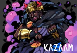  1boy alternate_costume ball basketball basketball_(object) black_cape black_gloves blonde_hair bracer cape character_name clenched_hands commentary crossover dark-skinned_male dark_skin english_commentary fingerless_gloves gloves grey_background hades_(series) hades_1 headdress holding kazaam kazaam_(character) male_focus onsta parody real_life red_eyes shaquille_o&#039;neal smoke solo style_parody 