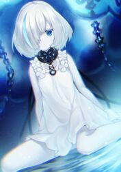  absurdres afloat azur_lane bare_legs barefoot blue_eyes blurry cable chromatic_aberration colored_skin commentary_request depth_of_field dress female hair_over_one_eye highres jewelry looking_at_viewer necklace noko short_hair sidelocks sitting solo tb_(azur_lane) thighs wariza water white_dress white_hair white_skin 