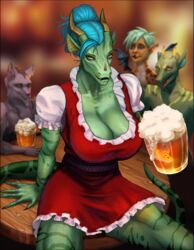  absurd_res alcohol anthro barmaid beer beverage big_breasts blue_hair breasts claws clothed clothing costume cybernetics cyborg diana_digma dragon facial_horn female green_body green_eyes green_scales group hair hi_res horn huge_breasts hybrid looking_at_viewer machine mythological_creature mythological_scalie mythology non-mammal_breasts orange_eyes scales scalie smile solo tail xestrago 