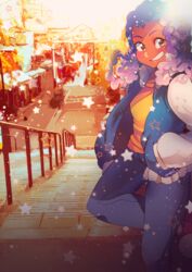  blush braid breasts brown_eyes denim female floating_hair hands_in_pockets indie_virtual_youtuber jacket jeans letterman_jacket looking_at_viewer onsta onsta_(vtuber) pants purple_hair signature small_breasts smile solo stairs star_(symbol) virtual_youtuber 