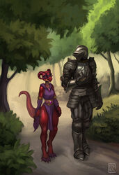  2020 4_toes anthro armor biped breasts claws clothed clothing curved_horn day detailed_background digital_media_(artwork) digital_painting_(artwork) digitigrade duo ethrk feet female fingers forest fully_clothed hi_res horn human knight kobold larger_male magic_user male mammal non-mammal_breasts outside pelvic_curtain plant plate_armor red_body red_eyes red_scales red_skin scales scalie size_difference slim smaller_female tail thick_tail thick_thighs toe_claws toes tree walking warrior wide_hips 