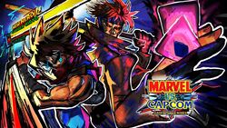  2boys back-to-back biceps blue_eyes card character_name commission gambit glowing glowing_eyes health_bar highres jacket kainonaut logo looking_at_viewer marvel marvel_vs._capcom mask mouth_mask multiple_boys ninja playing_card red_eyes scarf second-party_source sleeveless staff strider_(video_game) strider_hiryuu tonfa weapon x-men 