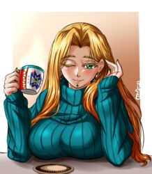  alternate_costume blonde_hair breasts chin_piercing cup fate/grand_order fate_(series) female green_eyes green_nails green_sweater hair_intakes highres holding holding_cup large_breasts long_hair long_sleeves mug one_eye_closed quetzalcoatl_(fate) ribbed_sweater solo sweater turtleneck turtleneck_sweater zantyarz 