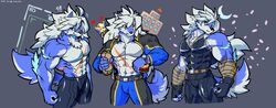  abs anthro belt better_version_at_source biceps canid canine canis cheong_hwan clothed clothing digital_media_(artwork) fur gloves hair handwear hi_res male mammal muscular muscular_male pecs simple_background wolf wolfmalro 