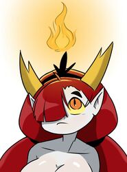  2020 big_breasts breasts crown demon disney female fire hair hair_over_eye headgear hekapoo horn horned_humanoid humanoid humanoid_pointy_ears long_hair looking_up n-kosi one_eye_obstructed orange_eyes pupils red_hair simple_background slit_pupils solo star_vs._the_forces_of_evil tiara white_background white_body yellow_sclera 