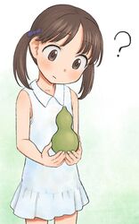  ? brown_eyes brown_hair commentary dress female gourd highres holding omodaka_(nitera1041) original simple_background sleeveless solo twintails 