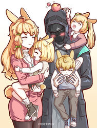  2boys 3girls alternate_costume animal_ears apple apple_on_head arknights arrow_(projectile) arrow_through_apple black_jacket blonde_hair blush chinese_commentary closed_eyes closed_mouth commentary_request da_akana_xiv doctor_(arknights) family food fruit head_scarf highres housewife if_they_mated jacket kroos_(arknights) long_hair looking_at_viewer multiple_boys multiple_girls pantyhose rabbit_ears skirt tail twintails 