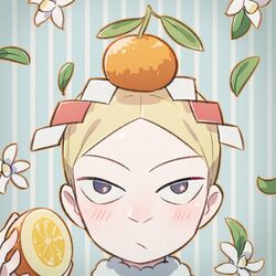  1boy blonde_hair blue_background blush closed_mouth commentary daida falling_leaves flower flower_in_eye food food_on_head fruit fruit_on_head grey_eyes holding leaf looking_up male_focus nikomi_(nikomix) object_on_head orange_(fruit) orange_blossoms ousama_ranking parted_bangs portrait short_hair solo striped striped_background symbol_in_eye white_flower 