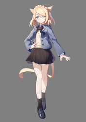  animal_ears black_bow black_bowtie black_footwear black_nails black_skirt black_socks blonde_hair blue_jacket bow bowtie braid breasts cat_ears cat_girl cat_tail closed_mouth collared_jacket commentary female final_fantasy final_fantasy_xiv full_body green_eyes grey_background hand_on_own_hip highres jacket ling_huanxiang loafers long_sleeves looking_at_viewer medium_hair miniskirt miqo&#039;te open_clothes open_jacket pleated_skirt shoes simple_background skirt smile socks solo standing sweater_vest tail warrior_of_light_(ff14) yellow_tail 