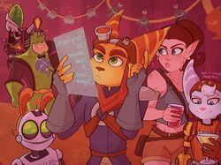  alcohol alien alien_humanoid anthro assassyart beverage blue_eyes bottomwear bow_tie breasts brown_hair brown_nose captain_qwark clank_(ratchet_and_clank) clothed clothing container cosplay cup cybernetic_arm cybernetic_limb daxter dialogue dr._nefarious drinking_glass english_text fake_ears fake_ears_hairband fake_rabbit_ears female fur glass glass_container glass_cup green_eyes grey_body group hair halloween holidays humanoid jak_(jak_and_daxter) jak_and_daxter lara_croft machine male mammal markazian markings midriff naughty_dog navel pink_nose question_mark ratchet_(ratchet_and_clank) ratchet_and_clank rivet_(ratchet_and_clank) robot shirt shorts sony_corporation sony_interactive_entertainment spots spotted_body spotted_skin talwyn_apogee tank_top text tomb_raider topwear wine wine_glass yellow_body yellow_fur 