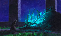  1other ancestor_spirit_(elden_ring) bloodexer blue_fire blue_sky elden_ring fire from_side glowing grass highres kneeling ruins sky tarnished_(elden_ring) wide_shot 