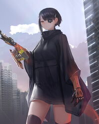  black_hair building commentary_request cyberpunk cyborg earrings eyepatch female gun hair_ornament hairclip highres holding holding_gun holding_weapon jacket jewelry mechanical_arms mechanical_parts mihato_senba orange_eyes original outdoors prosthesis science_fiction short_hair short_hair_with_long_locks slit_pupils solo standing sumi_elias swept_bangs thighhighs weapon 