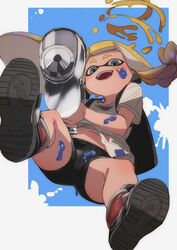  aerospray_(splatoon) ass bike_shorts black_shorts blonde_hair blue_eyes braid crotch_seam feet female fu-ta gun highres inkling inkling_girl inkling_player_character legs legs_apart long_hair looking_at_viewer open_mouth shirt shoes short_shorts short_sleeves shorts smile soles solo splatoon_(series) splatoon_3 t-shirt tentacle_hair thighs weapon white_shirt 