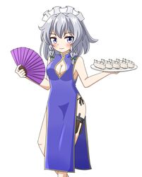  alternate_costume bare_shoulders blue_dress blue_eyes blush border bow braid breasts china_dress chinese_clothes cleavage_cutout clothing_cutout commentary_request cowboy_shot dress dumpling female food green_bow grey_hair hand_fan hands_up highres holding holding_fan holding_plate izayoi_sakuya knife knife_sheath lips looking_at_viewer maid_headdress medium_breasts paper_fan plate sheath sideboob solo standing thigh_strap throwing_knife touhou twin_braids underwear weapon weapon_in_garters zenji029 