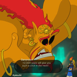  1:1 absurd_res beard blonde_hair blurred_background breath_of_the_wild clothing crossover dialogue disney disney&#039;s_aladdin duo ear_piercing english_text facial_hair fingerless_gloves fire ganondorf genie genie_(disney) gloves hair handwear hi_res holding_object human humanoid link male mammal nintendo not_furry piercing pointkillfox red_hair shirt tears_of_the_kingdom text the_legend_of_zelda topwear torch tunic 