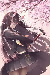  azur_lane black_hair black_serafuku black_skirt blush breasts cherry_blossoms female hair_ornament hairclip highres holding holding_weapon horns long_hair long_sleeves looking_at_viewer midriff_peek miimu_(nelreg3) navel neckerchief noshiro_(azur_lane) oni_horns pantyhose pleated_skirt purple_eyes sailor_collar school_uniform serafuku shirt skirt solo very_long_hair weapon white_sailor_collar wind wind_lift 