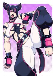  baggy_pants belt black_hair blue_eyes bracelet breasts butter_sugoi candy collar commentary cone_hair_bun diagonal_bangs double_bun female fingerless_gloves food gloves gradient_background hair_bun hair_over_one_eye heterochromia highres holding holding_candy holding_food holding_lollipop jewelry juri_han large_breasts lollipop multicolored_hair pants pink_eyes pink_hair purple_background solo spiked_anklet spiked_bracelet spiked_collar spikes standing standing_on_one_leg street_fighter street_fighter_6 toeless_footwear toned tongue tongue_out two-tone_hair v-shaped_eyebrows yin_yang 