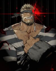  1boy balor_(tokyo_houkago_summoners) bara beard black_hair blue_eyes chains chest chest_hair cuffs facial_hair glowing glowing_eye gomtang handcuffs jewelry long_sleeves looking_at_viewer male_focus mouth_hold multicolored_hair muscle necklace oerba_yun_fang pectorals prison_clothes red_eyes scar shirt solo tearing_clothes teeth tokyo_houkago_summoners torn_clothes two-tone_hair upper_body 