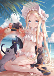  abigail_williams_(fate) abigail_williams_(swimsuit_foreigner)_(fate) abigail_williams_(swimsuit_foreigner)_(third_ascension)_(fate) annoyed bare_legs bare_shoulders barefoot beach bikini bikini_skirt black_cat black_jacket blonde_hair blue_eyes blush bow breasts collarbone commentary_request day fate/grand_order fate_(series) feline female hairbow higeneko highres innertube innertube_with_ears jacket long_hair long_sleeves looking_at_viewer md5_mismatch multiple_hair_bows navel ocean off_shoulder outdoors parted_bangs resolution_mismatch sitting solo source_larger stomach swim_ring swimsuit very_long_hair white_bow 