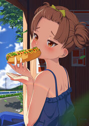  absurdres artist_name bangs_pinned_back bare_shoulders blue_sky blunt_bangs blush bow brown_eyes brown_hair bus_stop cloud cloudy_sky commentary day double_bun dress eating feca female food food_in_mouth from_behind hair_bun hairbow highres holding holding_food horizon hot_dog leaf lettuce mountain mustard original outdoors scenery shoulder_blades signature sky sleeveless solo spaghetti_strap summer tree yellow_bow 