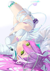  absurdres arms_behind_head arms_up bandaid bandaid_on_leg bandeau belt braid braided_bangs breasts buckle cleavage demon_tail demon_wings ear_piercing female french_braid gloves green_eyes hair_ribbon highres hip_tattoo hololive hooded_shrug knee_pads long_hair long_sleeves looking_at_viewer loose_socks lying medium_breasts melting_tail midriff mito_(dncs8244) multicolored_hair navel navel_piercing official_alternate_costume on_back parted_lips piercing pink_hair ponytail pouch purple_hair ribbed_bandeau ribbon roller_skates see-through see-through_sleeves short_shorts shorts shrug_(clothing) skates snap-fit_buckle socks solo stomach streaked_hair tail thigh_belt thigh_pouch thigh_strap tokoyami_towa tokoyami_towa_(5th_costume) two-sided_gloves very_long_hair virtual_youtuber white_background white_bandeau white_belt white_gloves white_hair white_ribbon white_shorts white_shrug white_tail white_wings winged_heart_tattoo wings zipper_pull_tab 