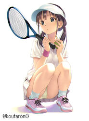  artist_name ball black_hair breasts commentary_request female full_body green_eyes hat holding holding_racket koutaro long_hair low_twintails miniskirt original panties pantyshot pink_footwear pleated_skirt racket shirt shoes simple_background skirt small_breasts socks solo sportswear squatting tennis tennis_ball tennis_net tennis_racket tennis_skirt tennis_uniform thighs twintails underwear visor_cap white_background white_shirt white_skirt yellow_panties 