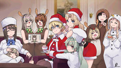  anchovy_(girls_und_panzer) animal_costume bow brown_hair chef_hat christmas cup darjeeling_(girls_und_panzer) drill_hair girls_und_panzer green_hair hat highres itsumi_erika katyusha_(girls_und_panzer) kay_(girls_und_panzer) kimi_tsuru long_hair mika_(girls_und_panzer) monocle multiple_girls nishi_kinuyo nishizumi_maho nishizumi_miho pantyhose portrait_(object) reindeer_costume santa_costume shimada_arisu short_hair teacup twin_drills twintails 