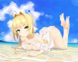  ahoge arched_back ass bare_shoulders barefoot beach blonde_hair blue_sky blush braid breasts cleavage closed_mouth collarbone day dress fate/grand_order fate_(series) feet feet_up female french_braid gown green_eyes hair_between_eyes hair_bun hair_intakes hair_ribbon large_breasts legs long_hair looking_at_viewer lying nero_claudius_(fate) nero_claudius_(swimsuit_caster)_(fate) nero_claudius_(swimsuit_caster)_(third_ascension)_(fate) ocean on_stomach outdoors ribbon single_hair_bun sky smile soles solo suryua toes white_ribbon 