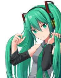  absurdres black_hairband black_sleeves closed_mouth collared_shirt commentary_request detached_sleeves female green_eyes green_hair green_necktie grey_shirt hair_between_eyes hairband hand_in_own_hair hatsune_miku highres long_hair long_sleeves looking_at_viewer necktie shirt simple_background sleeveless sleeveless_shirt smile so_ra_01_02 solo twintails upper_body very_long_hair vocaloid white_background wing_collar 