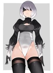  2b_(nier:automata) black_gloves black_thighhighs blindfold border boruhis breasts cleavage_cutout clothing_cutout cowboy_shot expressionless facing_viewer female gloves grey_background groin highleg highleg_leotard highres juliet_sleeves leotard long_sleeves medium_breasts mole mole_under_mouth nier:automata nier_(series) outside_border puffy_sleeves short_hair skindentation solo standing thighhighs thighs white_hair 