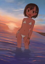  backlighting bikini brown_hair collarbone contrapposto dark_skin embarrassed female flat_chest lolicon looking_at_viewer navel ocean omodaka_(nitera1041) open_mouth original partially_submerged short_hair side-tie_bikini solo sunset swimsuit tan water white_bikini 