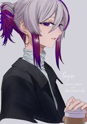  black_jacket commentary cup danaka disposable_coffee_cup disposable_cup earrings female flower_(gynoid_talk) flower_(vocaloid) grey_background holding holding_cup jacket jewelry lips looking_at_viewer multicolored_hair parted_lips ponytail purple_eyes purple_hair romaji_commentary shirt short_ponytail sidelocks sideways_glance solo streaked_hair turtleneck upper_body vocaloid white_hair white_shirt 