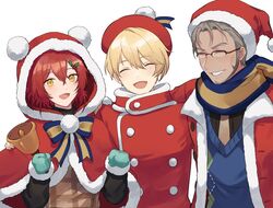  3boys aqua_gloves arurandeisu bell beret blonde_hair blue_sweater_vest blush bow buttons capelet christmas closed_eyes double-breasted facial_hair flower fur_trim glasses gloves goatee grey_hair hair_between_eyes hair_ornament hanasaki_miyabi hand_on_another&#039;s_shoulder hat holding holly holostars hood hood_up kishido_temma looking_at_viewer male_focus merry_christmas multiple_boys open_mouth plaid pom_pom_(clothes) red_hair riri_zuran sack santa_costume santa_hat scarf shirt short_hair smile sweater_vest virtual_youtuber yellow_eyes yurustars 