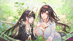  2girls :d ahoge alternate_costume atdan azur_lane bent_over between_breasts black_hair black_serafuku black_shirt black_skirt breasts brown_hair casual collarbone collared_shirt cup day disposable_cup fork gradient hair_ornament hairband hairclip highres holding horns independence_(azur_lane) large_breasts long_hair long_sleeves looking_at_viewer miniskirt multiple_girls nature neckerchief necktie noshiro_(azur_lane) oni_horns open_mouth outdoors pleated_skirt purple_eyes red_eyes sailor_collar school_uniform serafuku shirt skirt smile tongue tongue_out white_shirt x_hair_ornament 