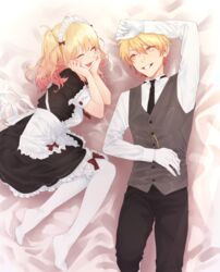  1boy :3 absurdres apron arm_above_head bed black_dress black_necktie black_pants blonde_hair brother_and_sister butler classical_butler_(project_sekai) classical_maid_(project_sekai) closed_eyes collared_shirt colored_tips commentary_request dress eyelashes feet_out_of_frame female frilled_apron frilled_dress frilled_hairband frilled_thighhighs frills full_body gloves gradient_hair grey_vest grin hair_between_eyes hairband hand_on_own_stomach happy head_rest highres knees_together_feet_apart laughing light_blush light_particles long_sleeves looking_at_another looking_to_the_side lying maid maid_headdress matching_outfits multicolored_hair necktie no_jacket no_shoes on_back on_bed on_side orange_hair over-kneehighs pants pink_hair project_sekai red_ribbon ribbon sa_tsuko shirt short_dress short_sleeves siblings side-by-side sidelocks smile tenma_saki tenma_tsukasa thighhighs tsurime twintails vest wavy_hair white_apron white_gloves white_hairband white_shirt white_thighhighs wingtip_collar yellow_eyes 