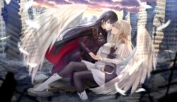  2girls angel_wings black_cape black_hair black_pantyhose boots cape cloud cloudy_sky commentary_request eye_contact feathers fukuroumori hair_ribbon hakuchou_(towa_tsugai) high_heel_boots high_heels highres holding_hands karasu_(towa_tsugai) long_hair looking_at_another multiple_girls outdoors pantyhose partially_submerged ribbon ruins sky towa_tsugai white_footwear white_hair wings yellow_eyes yellow_ribbon yuri 