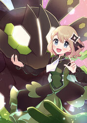  :d ascot blonde_hair buttons commentary_request dress eyelashes female green_dress grey_eyes hair_ornament hair_ribbon hands_up haru_(haruxxe) highres lens_flare long_sleeves looking_at_viewer md5_mismatch official_alternate_costume open_mouth pokemon pokemon_(creature) pokemon_masters_ex ribbon serena_(pokemon) serena_(sygna_suit)_(pokemon) short_hair smile tongue white_ascot zygarde zygarde_(50) 