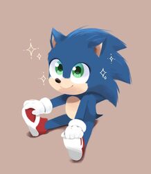  2019 anthro blue_body blue_fur brown_background clothing digital_media_(artwork) eulipotyphlan footwear fur gloves green_eyes handwear hedgehog hi_res kohane01 lolicon male mammal sega shoes simple_background sitting smile solo sonic_the_hedgehog sonic_the_hedgehog_(film) sonic_the_hedgehog_(series) sparkles tan_body tan_fur young 