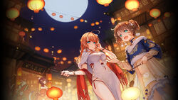  1boy 3girls aihara_mai animal_ears bands blonde_hair blue_eyes breasts brown_hair cat_ears cat_tail collar dress dutch_angle full_moon fur_collar fur_trim furry furry_male hair_bun hair_ornament highres hina_momo holding holding_stick ichihime japanese_clothes lantern mahjong_soul medium_breasts moon multiple_girls night official_art open_mouth paper_lantern red_scarf scarf shine_cheese single_side_bun smile sparkle stick tail wanjirou white_dress 