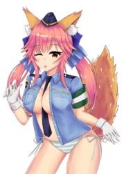  absurdres animal_ear_fluff animal_ears between_breasts blue_ribbon breasts fate/extra fate/extra_ccc fate/grand_order fate_(series) female female_service_cap fox_ears fox_girl fox_tail gin_nozora gloves hair_ribbon hat highres large_breasts looking_at_viewer necktie necktie_between_breasts official_alternate_costume one_eye_closed open_clothes open_shirt panties pink_hair police police_hat police_uniform policewoman ribbon side-tie_panties simple_background solo striped_clothes striped_panties tail tamamo_(fate) tamamo_no_mae_(fate/extra) tamamo_no_mae_(police_fox)_(fate) tongue underwear uniform white_background white_gloves yellow_eyes 