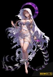  bandages barefoot black_background breasts brown_hair character_request chest_jewel cleavage copyright_name destiny_child female full_body green_eyes halo highres large_breasts long_hair ludaf solo veil weapon whip_sword 