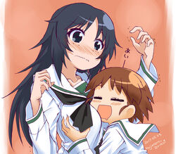  2girls :d black_neckerchief blouse blue_eyes blue_hair blush breasts closed_eyes closed_mouth commentary dated embarrassed female_pervert freckles frown fujimaru_arikui girls_und_panzer grabbing grabbing_another&#039;s_breast head_on_chest long_hair long_sleeves looking_at_another multiple_girls neckerchief one-hour_drawing_challenge ooarai_school_uniform open_mouth pervert sakaguchi_karina saliva school_uniform serafuku shirt smile standing translated trembling twitter_username wavy_mouth white_shirt yamagou_ayumi yuri 