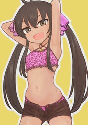  animal_print armpits arms_behind_head bikini black_hair breasts commentary crop_top female highres idolmaster idolmaster_cinderella_girls leopard_print long_hair looking_at_viewer matoba_risa midriff navel omodaka_(nitera1041) panties panty_peek short_shorts shorts simple_background small_breasts solo spaghetti_strap swimsuit tan twintails underwear 