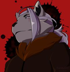  anthro artist_name blood bodily_fluids clothing coat dated felid feline fur_coat hair hi_res inner_ear_fluff lion looking_at_viewer male mammal pantherine ponytail red_background red_eyes scar simple_background solo topwear trevhart tuft white_hair 