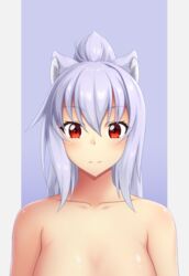  animal_ear_fluff animal_ears blush breasts closed_mouth collarbone completely_nude female grey_background hair_between_eyes long_hair md5_mismatch medium_breasts nude original out-of-frame_censoring ponytail purple_background purple_hair red_eyes shachoo. smile solo two-tone_background upper_body wolf_ears 