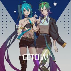  aqua_eyes aqua_hair aqua_shirt asymmetrical_legwear bare_shoulders belt black_legwear black_shorts black_skirt bracelet chains cuffs eyewear_on_head feet_out_of_frame getcha!_(vocaloid) gold_chain green_eyes green_hair gumi hand_on_own_chest handcuffs hatsune_miku highres jacket jacket_on_shoulders jewelry long_hair medium_hair miniskirt mismatched_legwear multiple_girls open_clothes open_jacket parted_lips purple_legwear see-through see-through_jacket shirt short_shorts shorts skirt smile song_name sparkle standing strapless sunglasses thighhighs tube_top twintails very_long_hair vocaloid wounds404 yellow-framed_eyewear 