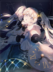  aries_(constellation) beret blue_bow blue_bowtie blue_eyes blue_gloves blue_hair book bow bowtie braid capelet clock clock_print commentary constellation dress female fur-trimmed_capelet fur_trim gemini_(constellation) gloves gold_trim hair_ornament hairbow hairclip hat hatsune_miku highres holding holding_book light_blue_hair light_bulb_hair_ornament long_hair md5_mismatch musical_note musical_note_hair_ornament night night_sky open_mouth reaching roman_numeral sky snowflake_print solo star_(sky) starry_sky string_of_light_bulbs treble_clef twintails unworn_hat unworn_headwear very_long_hair vocaloid white_capelet white_dress white_hat yon_(tellmedoor) yuki_miku yuki_miku_(2021) 