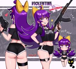  absurdres ahoge ass assault_rifle black_shirt black_shorts bow breasts crop_top cropped_shirt dual_wielding earrings english_text female gun hairbow handgun highres holding holding_gun holding_weapon jewelry kalashnikov_rifle large_breasts long_hair magazine_(weapon) micro_shorts midriff navel original purple_eyes purple_hair rifle sarukaiwolf shirt short_sleeves shorts sidelocks speech_bubble submachine_gun thigh_strap violentine_(sarukaiwolf) weapon yellow_bow 